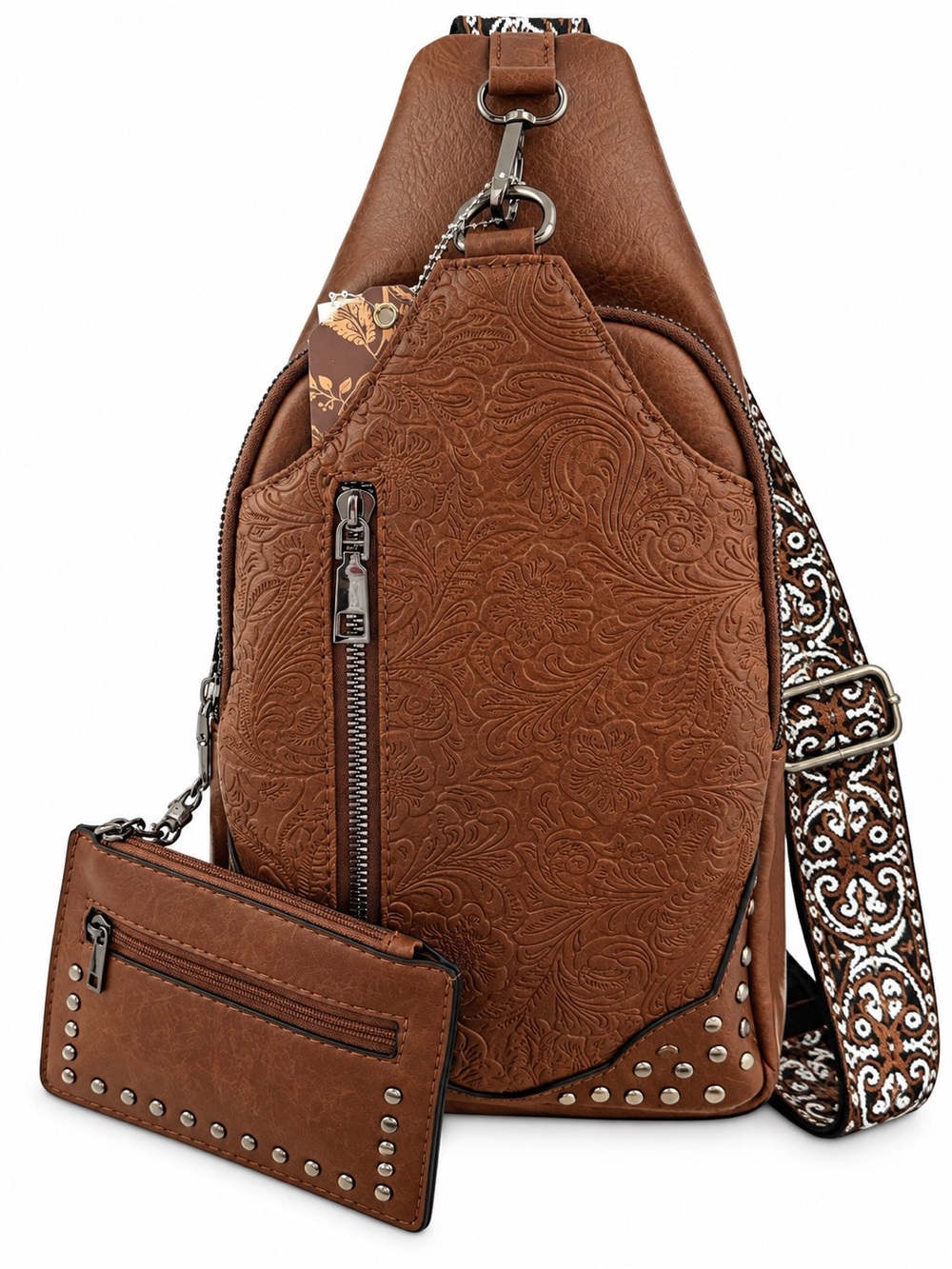 Embossed Brown Crossbody Sling Bag with Detachable Pouch
